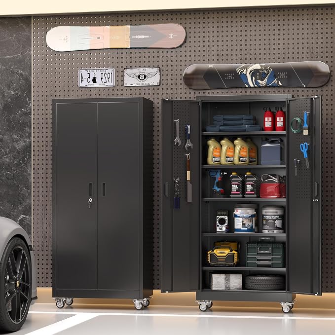 Garage Storage Cabinet with Wheels Pegboard and 5 Adjustable Shelves, Tool - Image 8