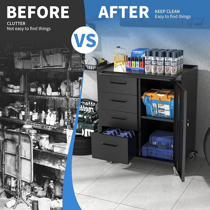 Metal Storage Cabinet with Wheels, Garage Cabinet with 1 Door and 4 Drawers - Image 5