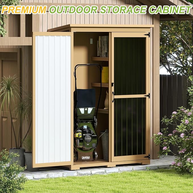 Outdoor Storage Shed with Shelf, Wood & Metal Storage Cabinet with Lockable - Image 8