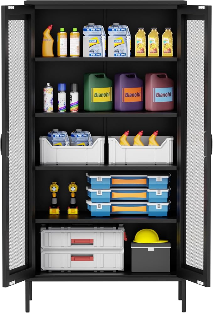 73 '' Metal Garage Storage Cabinet, 2 Doors and 4 Adjustable Shelves, mesh Door by Washsemba