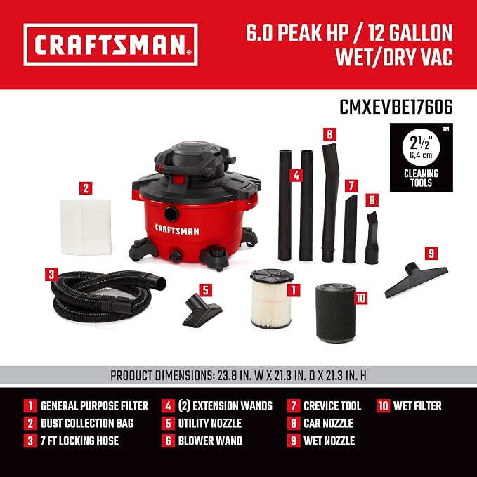 CRAFTSMAN CMXEVBE17606 12 Gallon 6.0 Peak HP Wet Dry Vac - Image 3