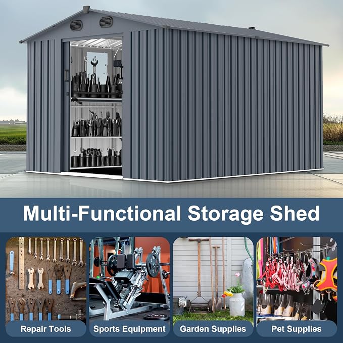 LANTRO JS 10x8FT Metal Outdoor Storage Shed, Garden Tool Shed Without Floor - Image 9
