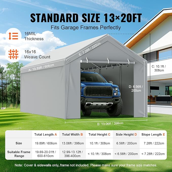 VEVOR Carport Replacement Canopy Cover Top + Side Wall 13 x 20 ft, Garage Tent - Image 4