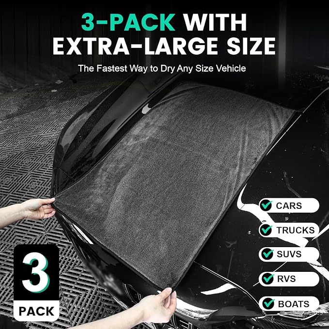 3-Pack Microfiber Towels for Cars, Extra Large Super Absorbent Car Drying Towel - Image 3
