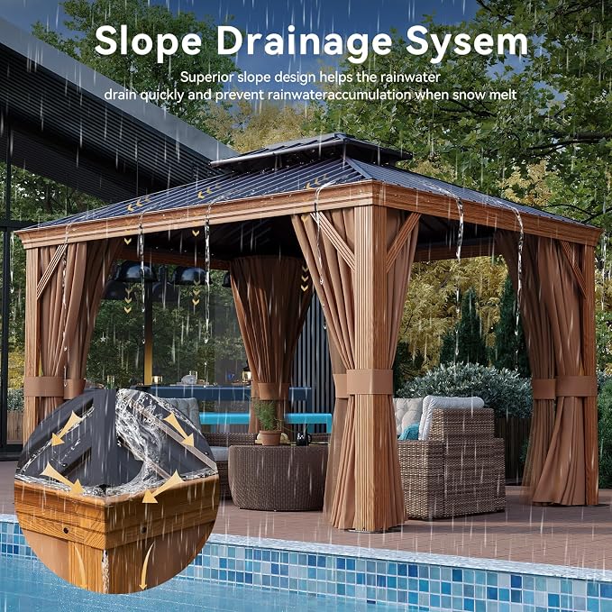 Aoxun 10' x 12' Hardtop Gazebo, Wooden Finish Coated Aluminum Frame Canopy - Image 4
