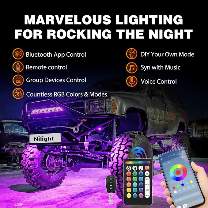 Nilight RGB LED Rock Lights Kit 6 PCS 18LED Wide Angle Wheel Well Light - Image 3
