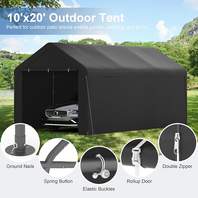 Carport, 10‘ x 20’ Heavy Duty Portable Garage All-Season Car Canopy w/Removable - Image 3