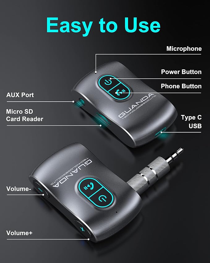 Bluetooth 5.0 Receiver for Car, Noise Cancelling AUX Adapter, Music Receiver - Image 7