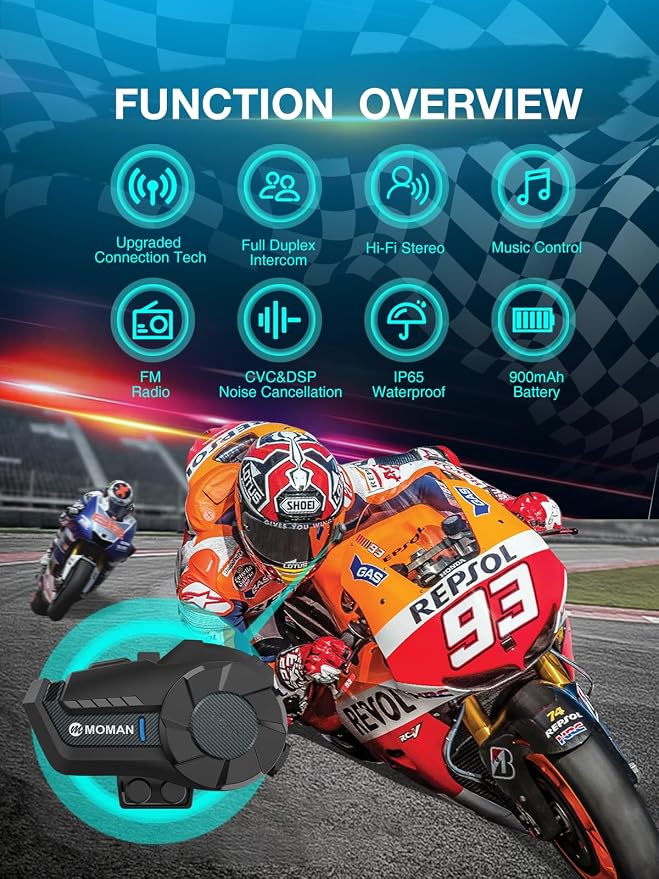 Motorcycle Intercom Headset, Moman H2 Pro【1 Pack Carbon】 Helmet Wireless - Image 3