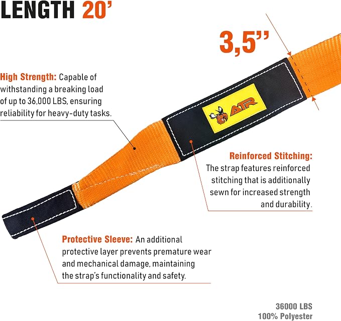 ATR Recovery Tow Strap 3.5" x 20ft – 36, 000 lbs Break Strength, Heavy Duty - Image 3