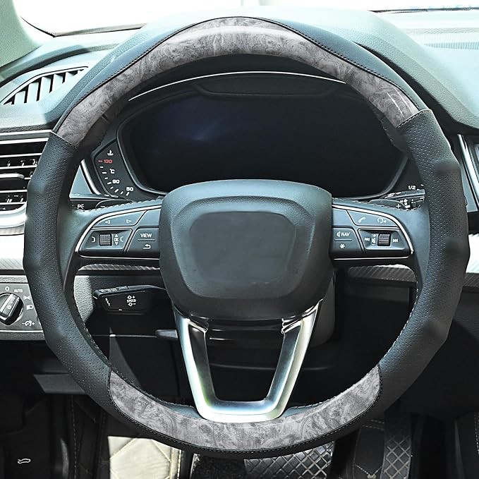 Wood Grain Steering Wheel Cover Gray Car Steering Wheel Covers 14.5-15 inch - Image 2