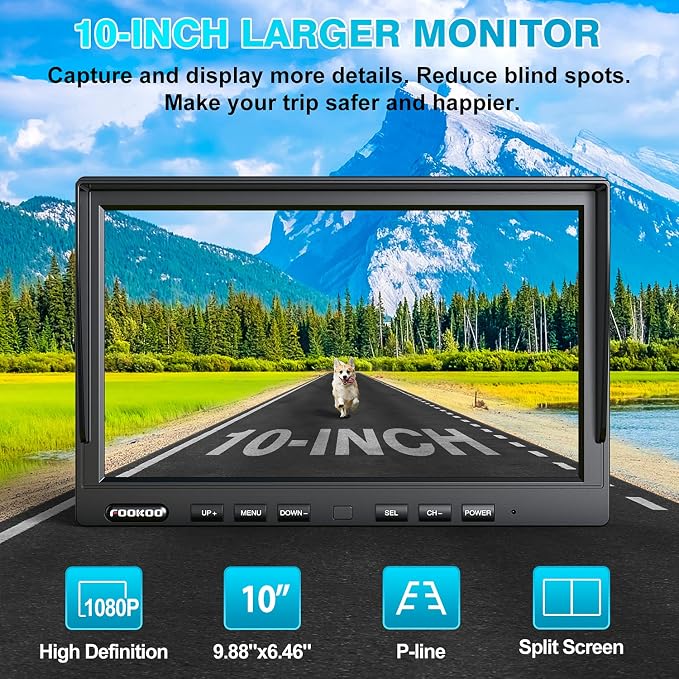 Fookoo HD 1080P 10" Wired Backup Camera System, IP69 Waterproof Side & Rear - Image 2