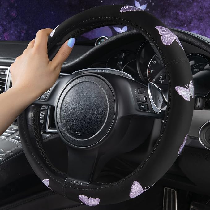Car Pass Purple Embroidery Butterfly Steering Wheel Cover, Universal 15 Inch - Image 5