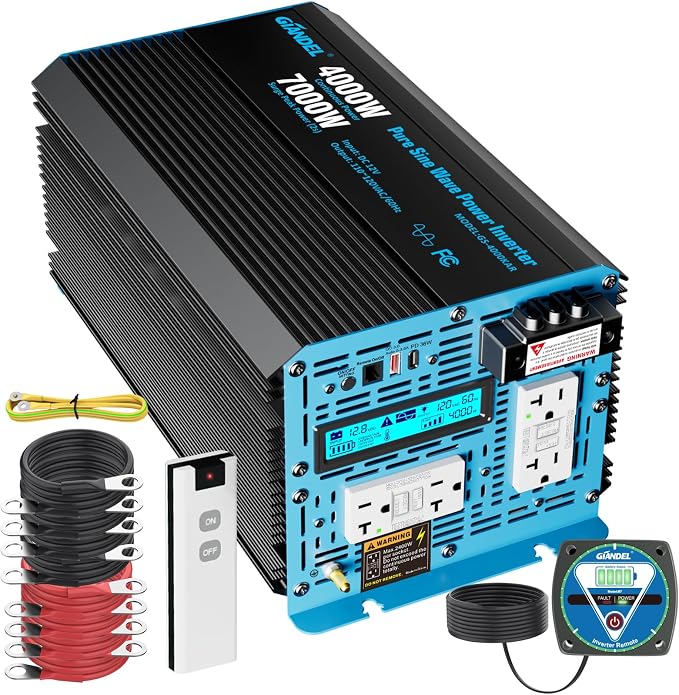 GIANDEL 4000W Pure Sine Wave Power Inverter 12V to 120V AC, 7000W Surge by GIANDEL