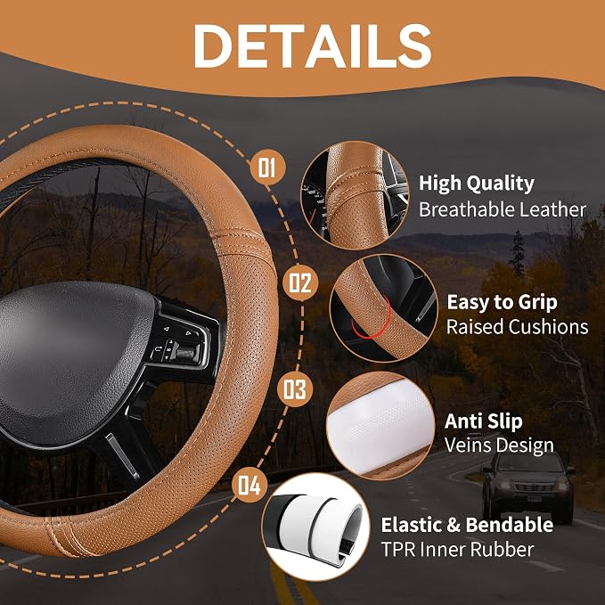 Car Pass Classical Leather Automotive Universal Steering Wheel Covers, - Image 3