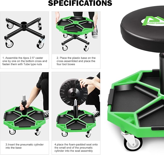PM PERFORMOTOR Adjustable Height Pneumatic Garage Seat Rolling Mechanic Stool - Image 5