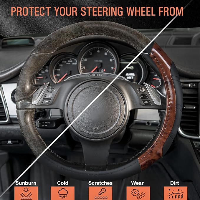 CAR PASS Wood Grain Microfiber Leather Sporty 14.5-15 inch Steering Wheel Cover - Image 5