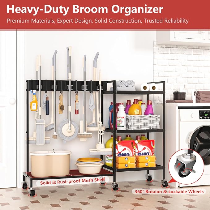 GIOTORENT Heavy Duty Metal Cleaning Cart - 300lb Capacity Rolling Broom Holder - Image 3