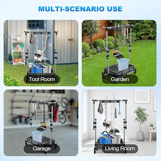 Broom and Mop Holder Freestanding Mobile Cleaning Tool Storage Rack, Floor - Image 6