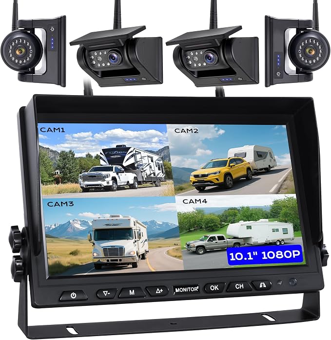 10.1" 4-Magnetic Wireless RV Backup Camera, HD1080P DVR Monitor, IP69 by WOOCARTY