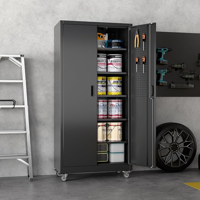 Garage Storage Cabinet with Wheels & Pegboard, Assembly Required - Image 2