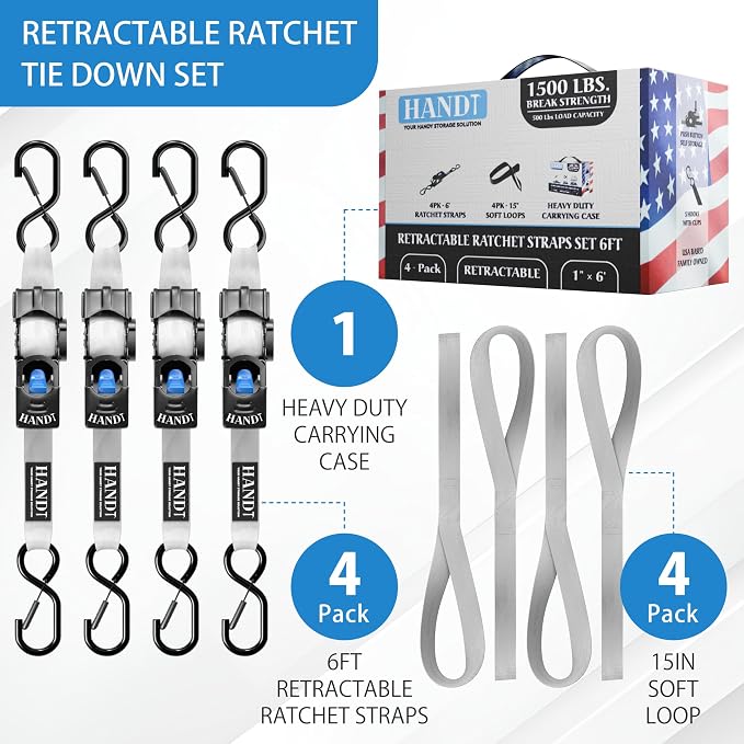 HandT USA Based Retractable Ratchet Straps 1in x 6ft - Image 4