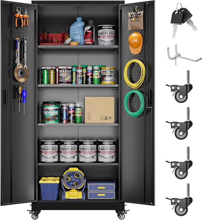 Garage Storage Cabinet with with Pegboard and Wheels, Tool Storage, Home Office - Image 7