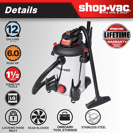 Shop-Vac 5761311 12-Gallon Wet/Dry Shop Vacuum, 6 Peak HP, 1.5 Inch Diameter x - Image 2