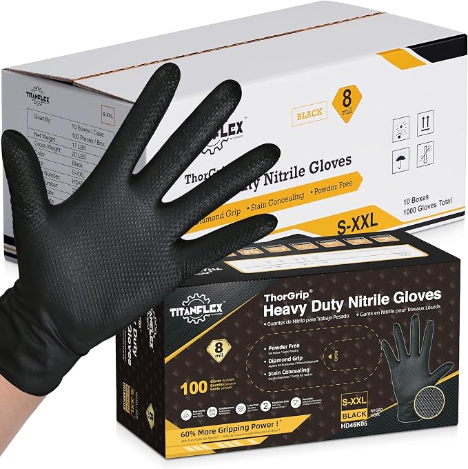TitanFlex Thor Grip Heavy Duty Black Industrial Nitrile Gloves by TitanFlexDisposableGloves