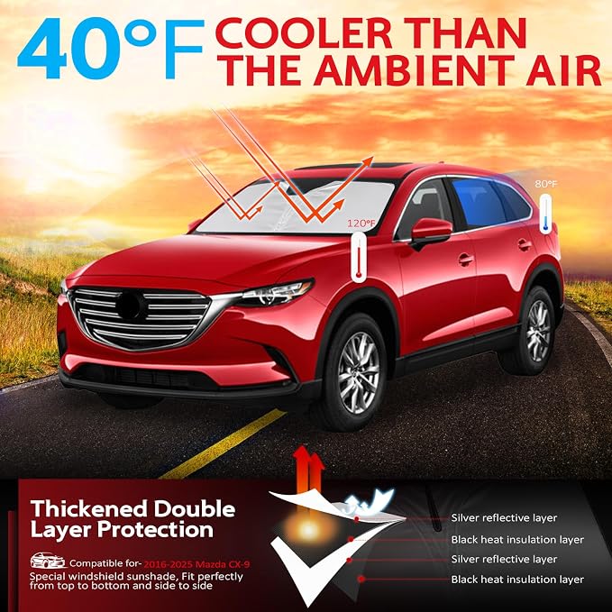 KAYZT Windshield Sun Shade for 2016-2025 Mazda CX9 CX-9 Foldable Sunshade Front - Image 2
