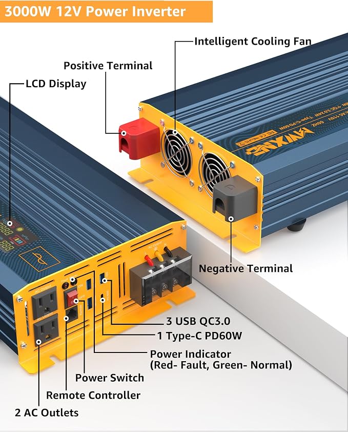 3000W Pure Sine Wave Power Inverter DC 12V to 110V 120V - Image 2