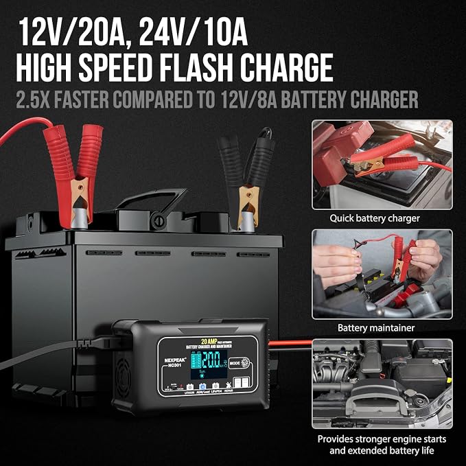 NEXPEAK NC301 20-Amp Car Battery Charger, 12V and 24V Smart Fully Automatic - Image 2