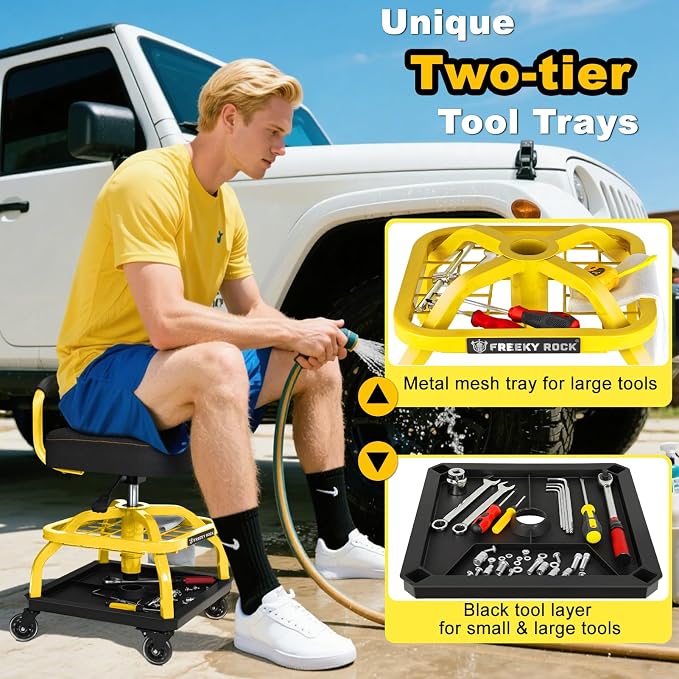 Rolling Shop Stool with Wheels, Garage Mechanic Shop Chair with Handle Backrest - Image 4