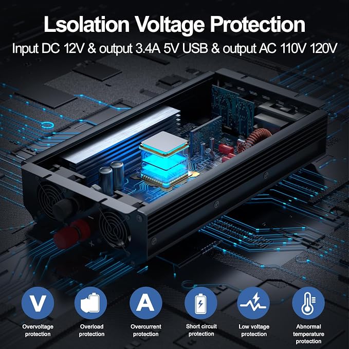 3000W Power Inverter, Peak Power 6000W 12V DC to AC 110V120V, Remote Control - Image 4