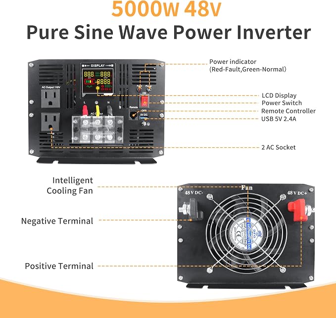 5000 Watt Pure Sine Wave Power Inverter DC 48V to 110V/120V AC Converter - Image 2