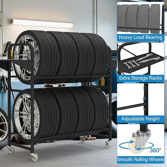 Tire Storage Rack 44" x 44" x 18" w/Anti-dust Cover, Rolling Tire Rack - Image 3
