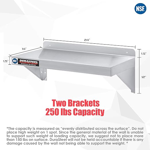 DuraSteel Stainless Steel Wall Mount Shelf 24" Wide x 14" Deep Commercial Grade - Image 3