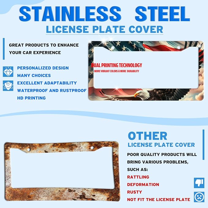 American Flag Eagle License Plate Frame Patriotic Stainless Steel License Plate - Image 2