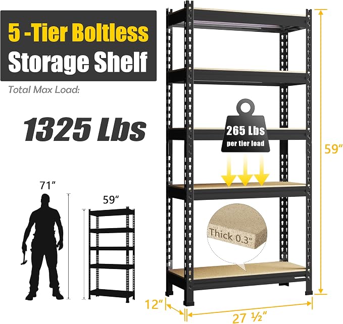 PrimeZone Storage Shelves, 27.5" W X 12" D X 59" H Adjustable Metal Heavy Duty - Image 3