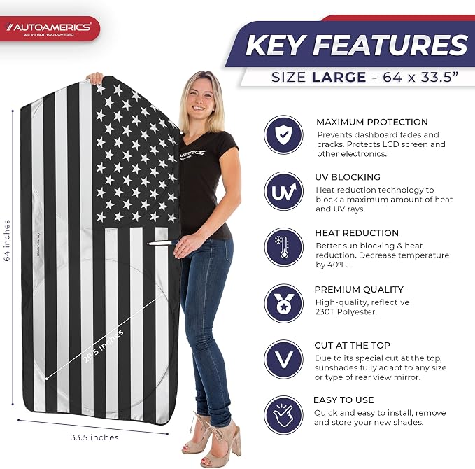 Autoamerics 1-Piece Windshield Sun Shade B&W American Flag USA Patriotic Design - Image 2