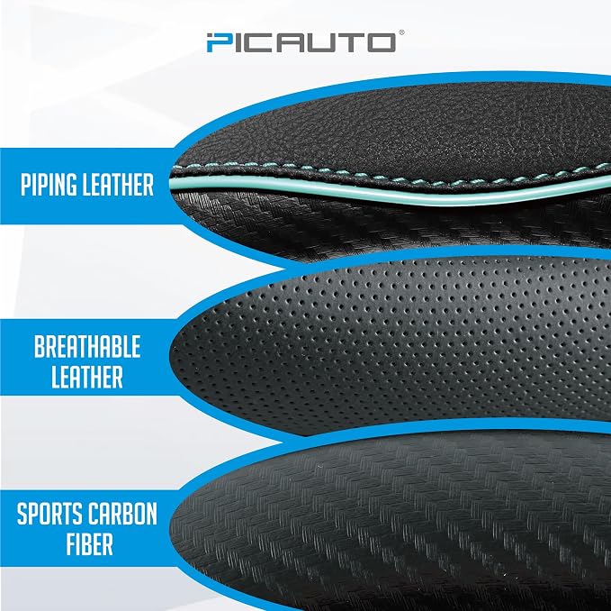 PIC AUTO Steering Wheel Cover, Mint Piping Leather, Sports Carbon Fiber and - Image 3
