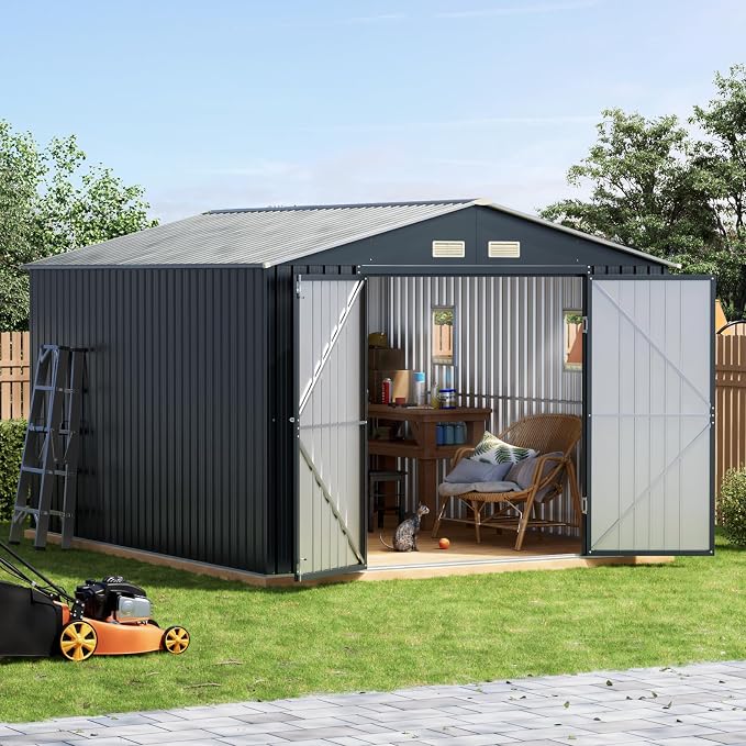 10x10 FT Outdoor Metal Storage Shed, Double Swing Doors, 2 Clear Windows by Unknown