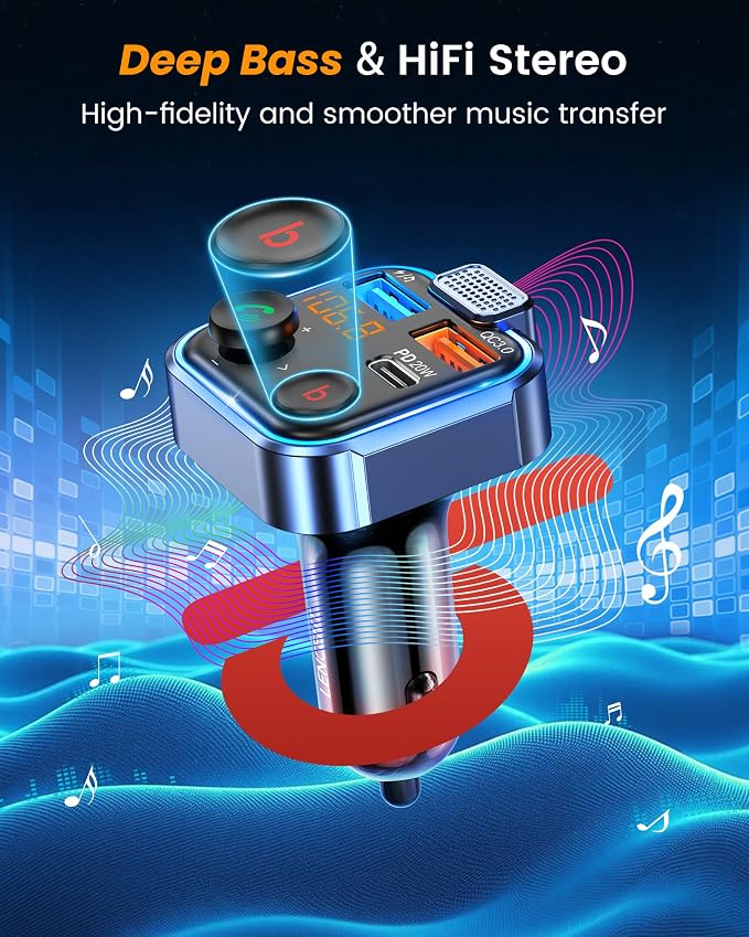 LENCENT FM Transmitter in-Car Adapter, Type-C PD 20W+ QC3.0 Fast USB Charger - Image 3