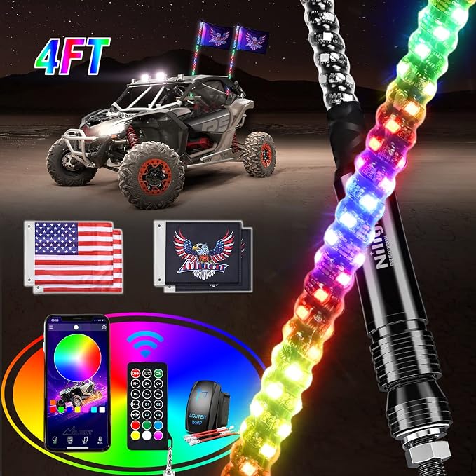 Nilight 2PCS 4FT RGB LED Whip Lights, Remote App Control w/DIY Chasing Patterns by Nilight