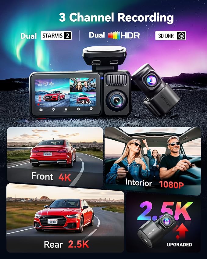 REDTIGER F17 Elite 4K 3 Channel Dash Cam, STARVIS 2 IMX678 & IMX675, 128GB Card - Image 2