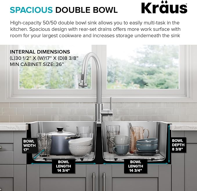 KRAUS Fairlane 33-inch Drop In/Top Mount Double Bowl 18-Gauge Stainless Steel - Image 9