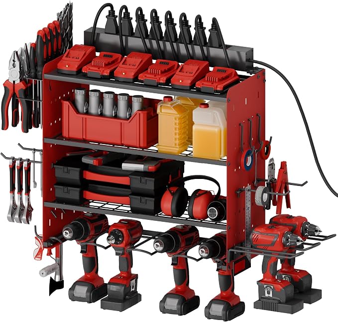 Power Tool Organizer with Charging Station, 4 Layers Garage Storage Rack with 6 by Sttoraboks
