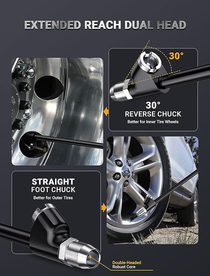13'' Dual Head Air Chuck Set, Heavy Duty Extended Reach Tire Chuck w/Quick Plug - Image 3