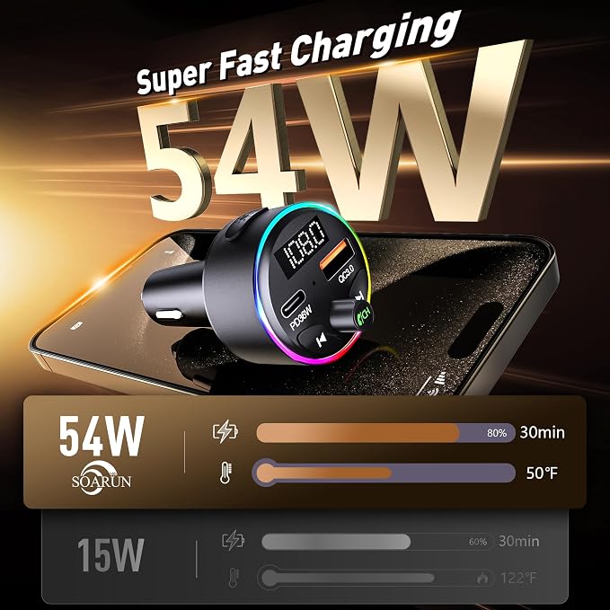 FM Transmitter Bluetooth 5.3, 54W Fast USB Car Charger Cigarette Lighter - Image 2