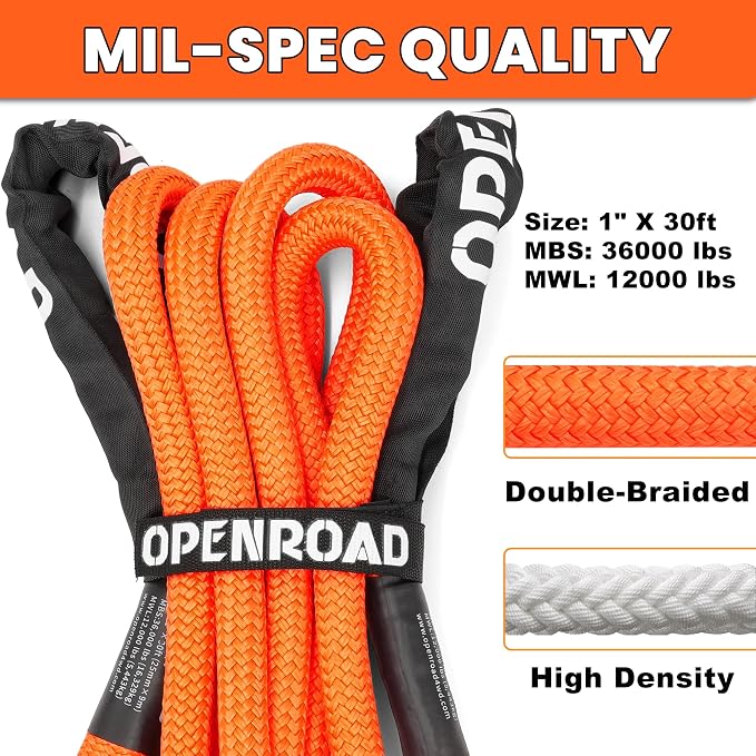 OPENROAD 1" x30ft Kinetic Recovery Rope 36, 000LBS Heavy Duty Offroad Tow Strap - Image 2
